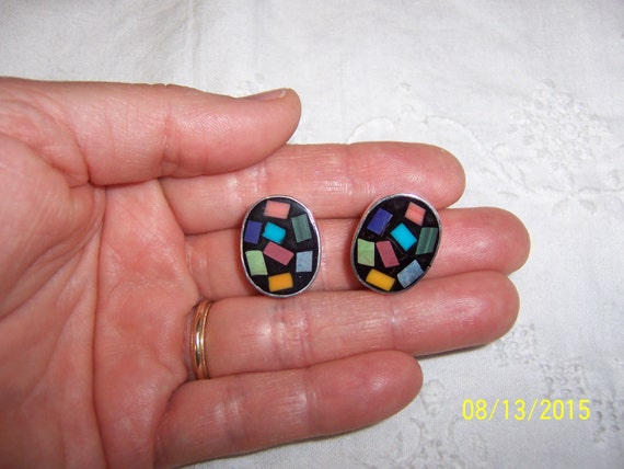 Vintage Multi color Enamel earrings. Sterling sil… - image 5