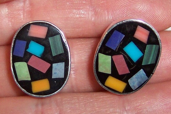 Vintage Multi color Enamel earrings. Sterling sil… - image 1