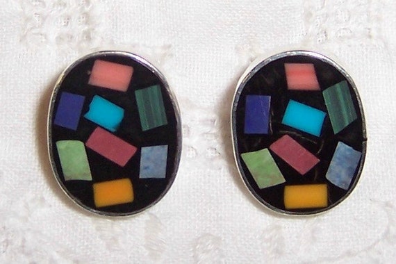 Vintage Multi color Enamel earrings. Sterling sil… - image 2