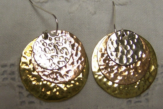 Vintage 3 circles hammered earrings. Sterling sil… - image 1