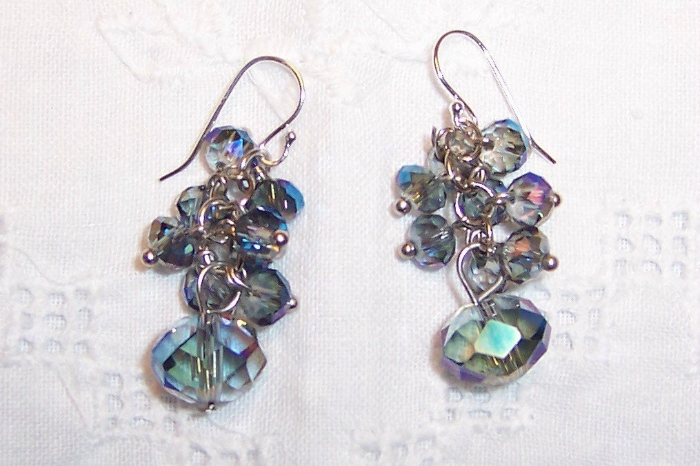 Vintage AB crystals earrings. Sterling silver. More info in description.