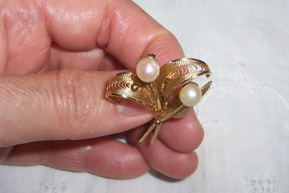 Vintage fresh water pearls and leaves filigree br… - image 6