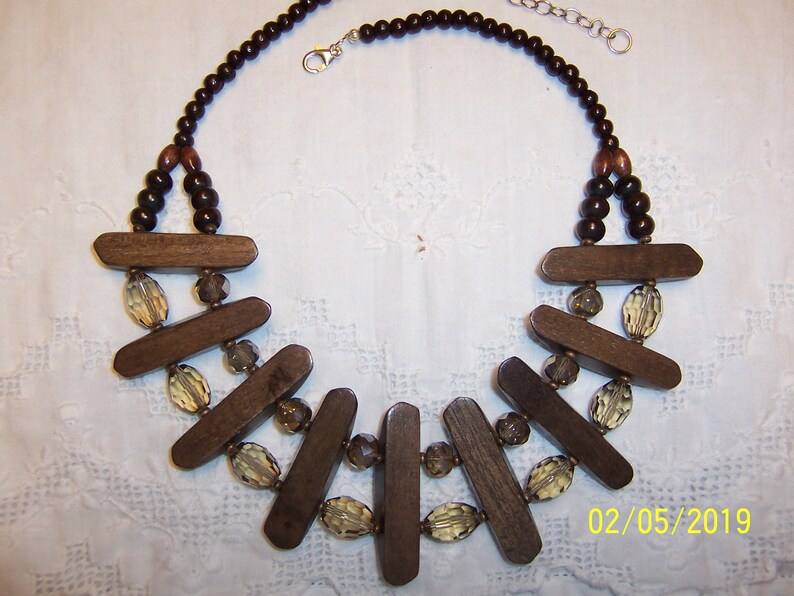 Sterling silver. SPRING SALE 20/% OFF Elongated wood and crystal necklace
