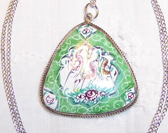 Vintage Chinese or Indian hollow triangle pendant with chain. Sterling Silver.