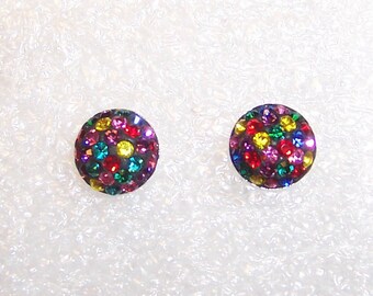 Vintage Multi Color crystals, stud cluster earrings. Sterling silver.