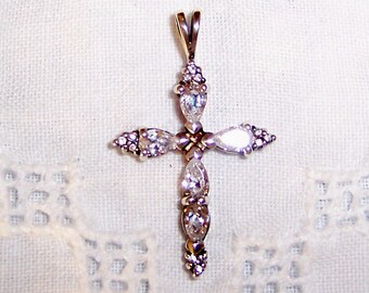 Vintage Clear Cubic zirconias Cross pendant. Sterling silver.