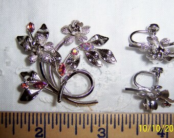 Vintage AB rhinestones and flowers brooch and earrings set. Sterling silver.