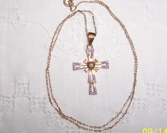 Vintage Cross with diamonds and chain. Yellow gold over sterling silver.