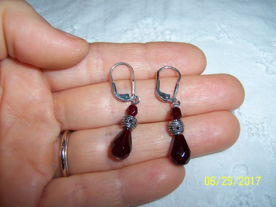 Vintage Dark Red glass and marcasite earrings. St… - image 6