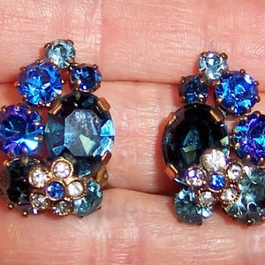 Vintage blue crystals earrings, Schreiner? Gold metal. Read description for more.