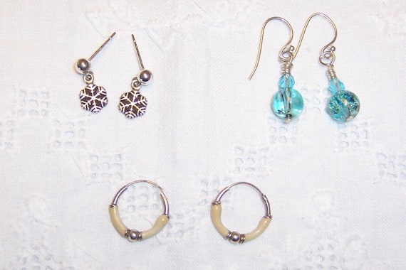 Vintage Set of 3 pair of earrings. Sterling silve… - image 3