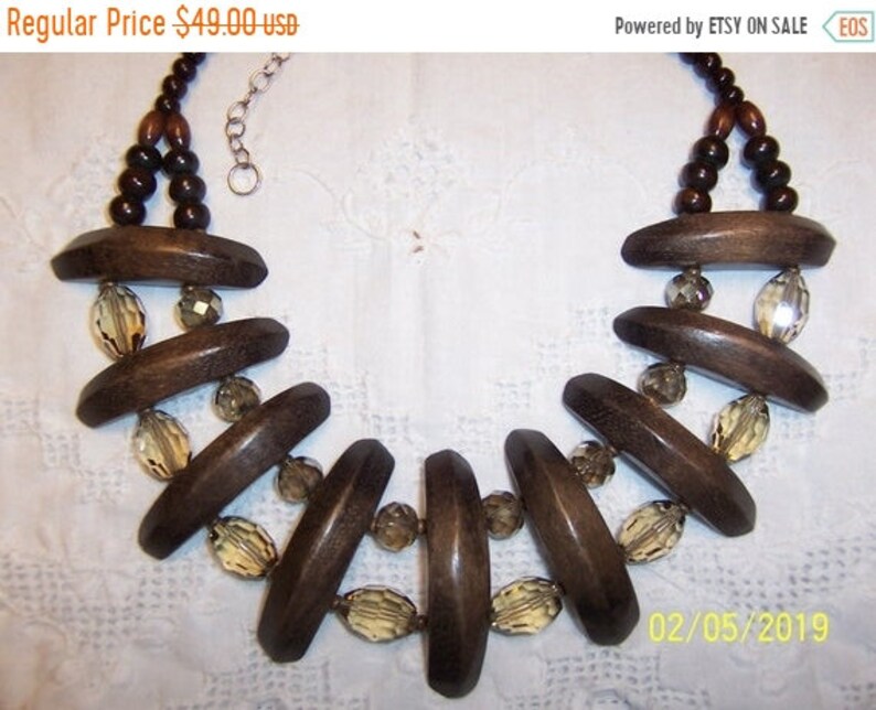 Sterling silver. SPRING SALE 20/% OFF Elongated wood and crystal necklace
