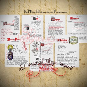 May include: A collection of vintage-style herbal pages with handwritten text and illustrations. The pages feature titles like "Rosemary" and "Rue" in red and black ink, with decorative elements and the text "The Practical Magic Inspired Herbal Pages".