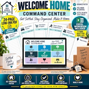 Puede incluir: Un kit de organización digital para el hogar con un PDF de 24 páginas y un libro de Excel con 9 pestañas. La pantalla muestra listas de control para la configuración de habitaciones, reparaciones y contactos, junto a una taza y un llavero.