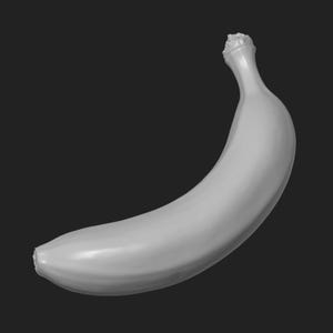 May include: A single, smooth, light grey banana sculpture with a curved shape and a textured stem at the top. The object is rendered in a solid, monochromatic tone, highlighting its elongated form and natural curvature against a dark background.