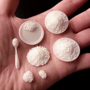 Könnte beinhalten: Eine Sammlung miniaturisierter weißer Lebensmittel, darunter kleine Hügel, Teller und ein Löffel, die auf einer Hand angeordnet sind. Die Artikel scheinen aus kleinen, runden Perlen zu bestehen, wodurch eine strukturierte Oberfläche entsteht. Das Gesamtthema deutet auf eine Miniaturszene im Zusammenhang mit Lebensmitteln hin.