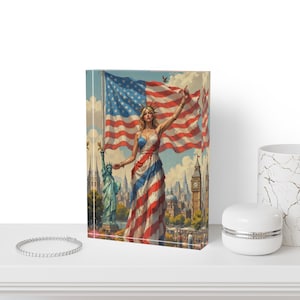 Bloque fotográfico de la Estatua de la Libertad envuelta en la bandera estadounidense / Decoración patriótica para el hogar