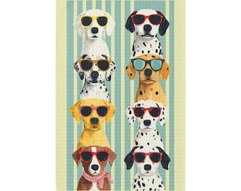 Toalla de mano de cocina con tejido gofrado y diseño divertido de perros con gafas de sol / Divertido diseño de rayas caninas