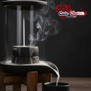 Puede incluir: Un quemador de incienso marrón oscuro con una carcasa de vidrio, una base de madera y una pequeña taza negra. El humo blanco se eleva del quemador, creando un efecto visual. El texto "Cute Charm corner" está en la esquina superior derecha.