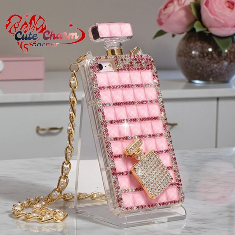 Luxury Diamond Perfume Bottle iPhone Case with Strap, Rhinestone Bling TPU Cover, Coque, iPhone 17 16 Plus 15 14 13 Pro Max 12 Mini XS Max