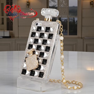 Luxury Diamond Perfume Bottle iPhone Case with Strap, Rhinestone Bling TPU Cover, Coque, iPhone 17 16 Plus 15 14 13 Pro Max 12 Mini XS Max