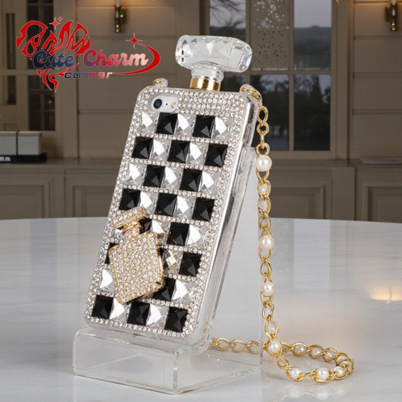 Luxury Diamond Perfume Bottle iPhone Case with Strap, Rhinestone Bling TPU Cover, Coque, iPhone 17 16 Plus 15 14 13 Pro Max 12 Mini XS Max
