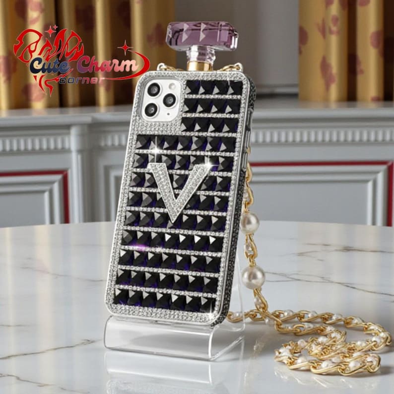 Luxury Diamond Perfume Bottle iPhone Case with Strap, Rhinestone Bling TPU Cover, Coque, iPhone 17 16 Plus 15 14 13 Pro Max 12 Mini XS Max