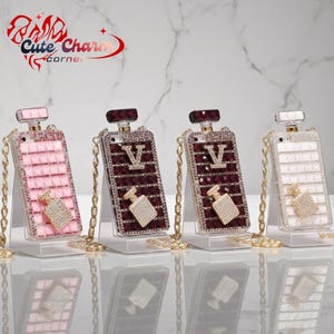Luxury Diamond Perfume Bottle iPhone Case with Strap, Rhinestone Bling TPU Cover, Coque, iPhone 17 16 Plus 15 14 13 Pro Max 12 Mini XS Max