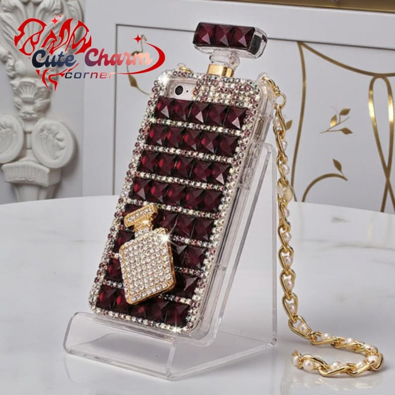 Luxury Diamond Perfume Bottle iPhone Case with Strap, Rhinestone Bling TPU Cover, Coque, iPhone 17 16 Plus 15 14 13 Pro Max 12 Mini XS Max