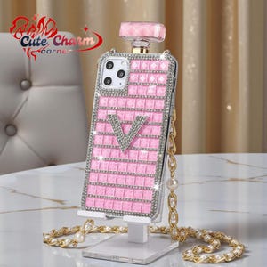 Luxury Diamond Perfume Bottle iPhone Case with Strap, Rhinestone Bling TPU Cover, Coque, iPhone 17 16 Plus 15 14 13 Pro Max 12 Mini XS Max