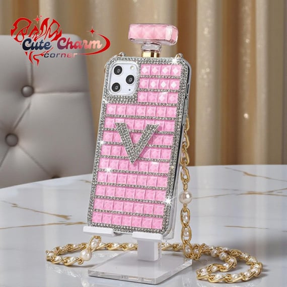Luxury Diamond Perfume Bottle iPhone Case with Strap, Rhinestone Bling TPU Cover, Coque, iPhone 17 16 Plus 15 14 13 Pro Max 12 Mini XS Max