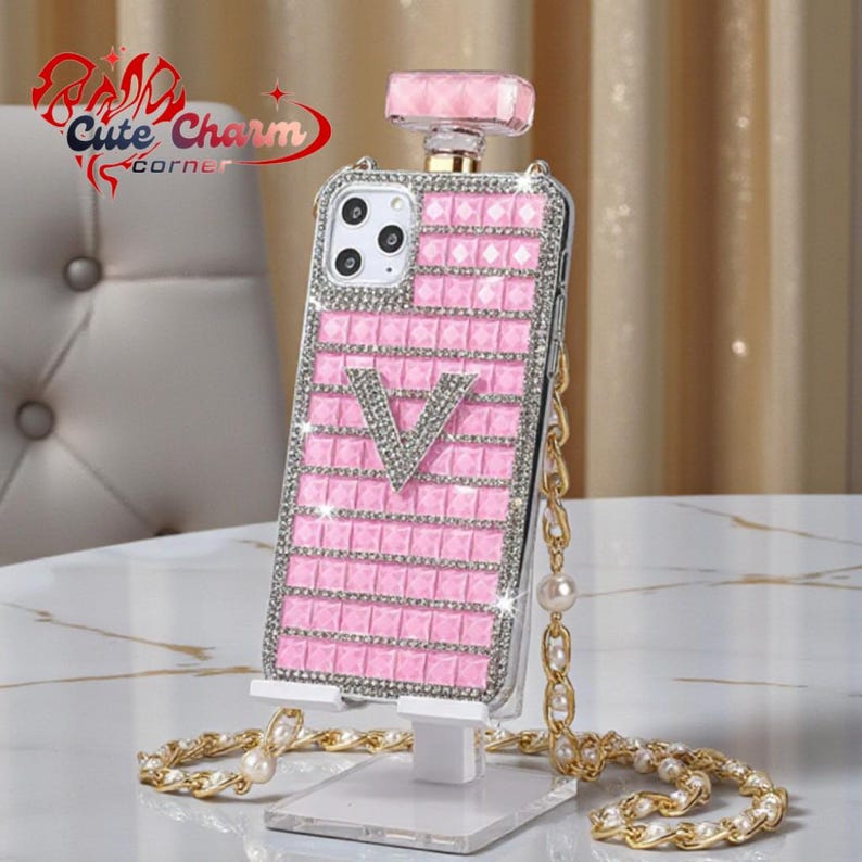 Luxury Diamond Perfume Bottle iPhone Case with Strap, Rhinestone Bling TPU Cover, Coque, iPhone 17 16 Plus 15 14 13 Pro Max 12 Mini XS Max