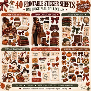 May include: A collection of 40 printable sticker sheets featuring fall-themed illustrations including ghosts, books, coffee cups, pumpkins, autumn leaves, and planners. The sheets contain various text labels like Cozy Bookish Fall and Dark Academia.