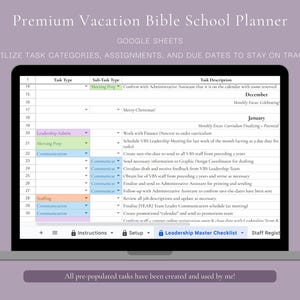 May include: A laptop screen displays a detailed Google Sheets planner for a Vacation Bible School. The planner includes task categories, assignments, and due dates. Text on the screen includes "Leadership Admin" and "Communication". The background is a soft purple.
