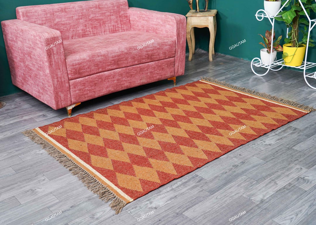 Yellow Rug Diamond Pattern Handwoven Wool Jute Rug, Diamond Pattern Area Rug, Rustic Tribal ...