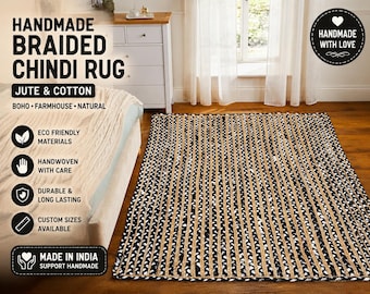 Handwoven Black White Braided Chindi Rug, Jute Cotton Boho Farmhouse Accent Home Decor