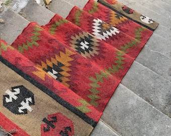 Alfombra de pasillo multitamaño para escaleras/Kilim indio geométrico tejido a mano/Ecológica y sostenible para cocina, mesita de noche, pasillo, entrada, personalizada