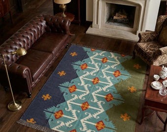 Handmade Wool Jute Kilim Rug, Boho Tribal Area Rug, Geometric Color Block Carpet, Modern Farmhouse Rug, Large Living Room Rug