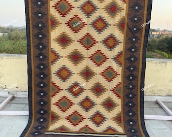 Alfombra Kilim grande hecha a mano, tejida a mano, de lana y yute, Kilim Dhurrie, con motivos orientales, tradicionales indios, geométricos y bohemios.