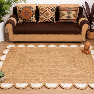 Alfombra de Yute Hecha a Mano, Alfombra Natural con Borde Festoneado, Decoración Boho