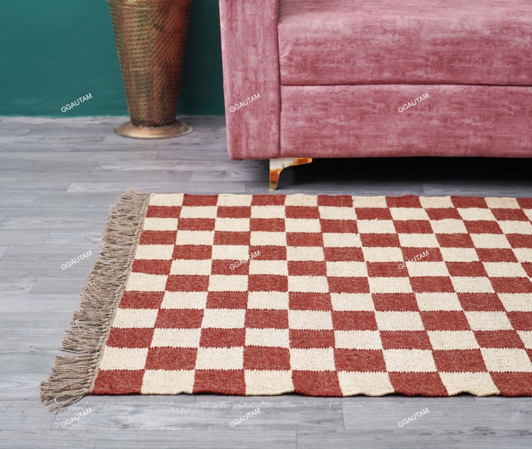 Handwoven Wool Jute Rug With Classic Rust & Ivory Check Pattern - Etsy