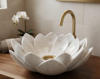 Hand-carved white marble floral or lotus-shaped vessel sink or wash basin
