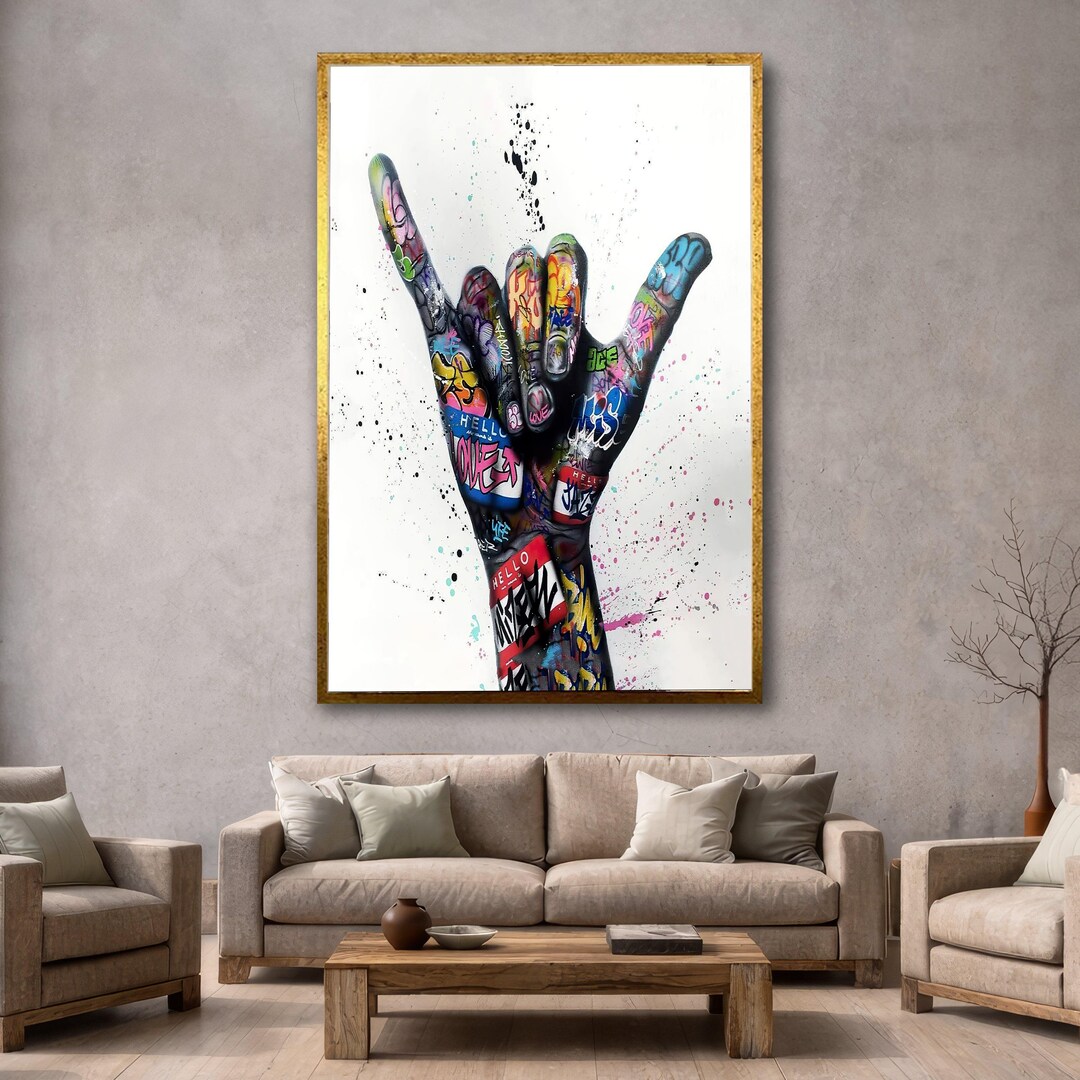 Graffiti Style Hand Sign Canvas, Urban Street Art Wall Decor, Colorful ...