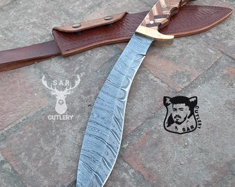 Handmade Damascus Steel Kukri Knife with Leather Sheath – Outdoor Survival Knife, Gift for Men