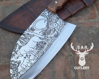 Handmade 15 Inch Cleaver Chopper | Etched Blade Chef Knife | Rosewood Handle Butcher Knife