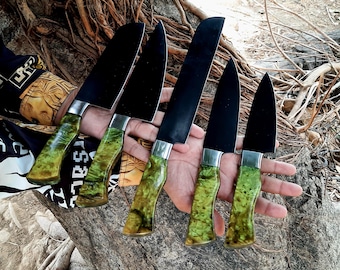 Handmade Kitchen Chef Knife Set | Carbon Steel Powder Coated With Leather Sheath Kit Bag
