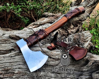Hacha de bushcraft de acero al carbono forjada a mano / Herramienta artesanal para acampar y actividades al aire libre / Hacha con mango de madera