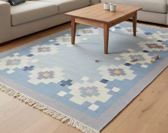 5x8 Blue Kilim Rug, Handwoven Flat Weave Area Rug, Scandinavian Geometric Carpet, Modern Boho Living Room Rug