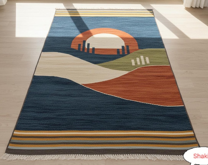 Handmade Wool Kilim Rug, Blue rug Geometric Scandinavian Boho Decor.