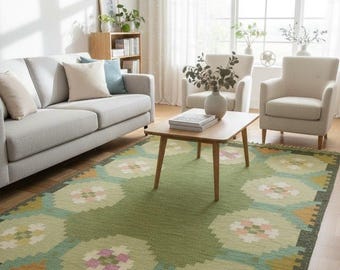 Handmade Green Wool Kilim Rug, Floral Geometric Flatweave Durrie